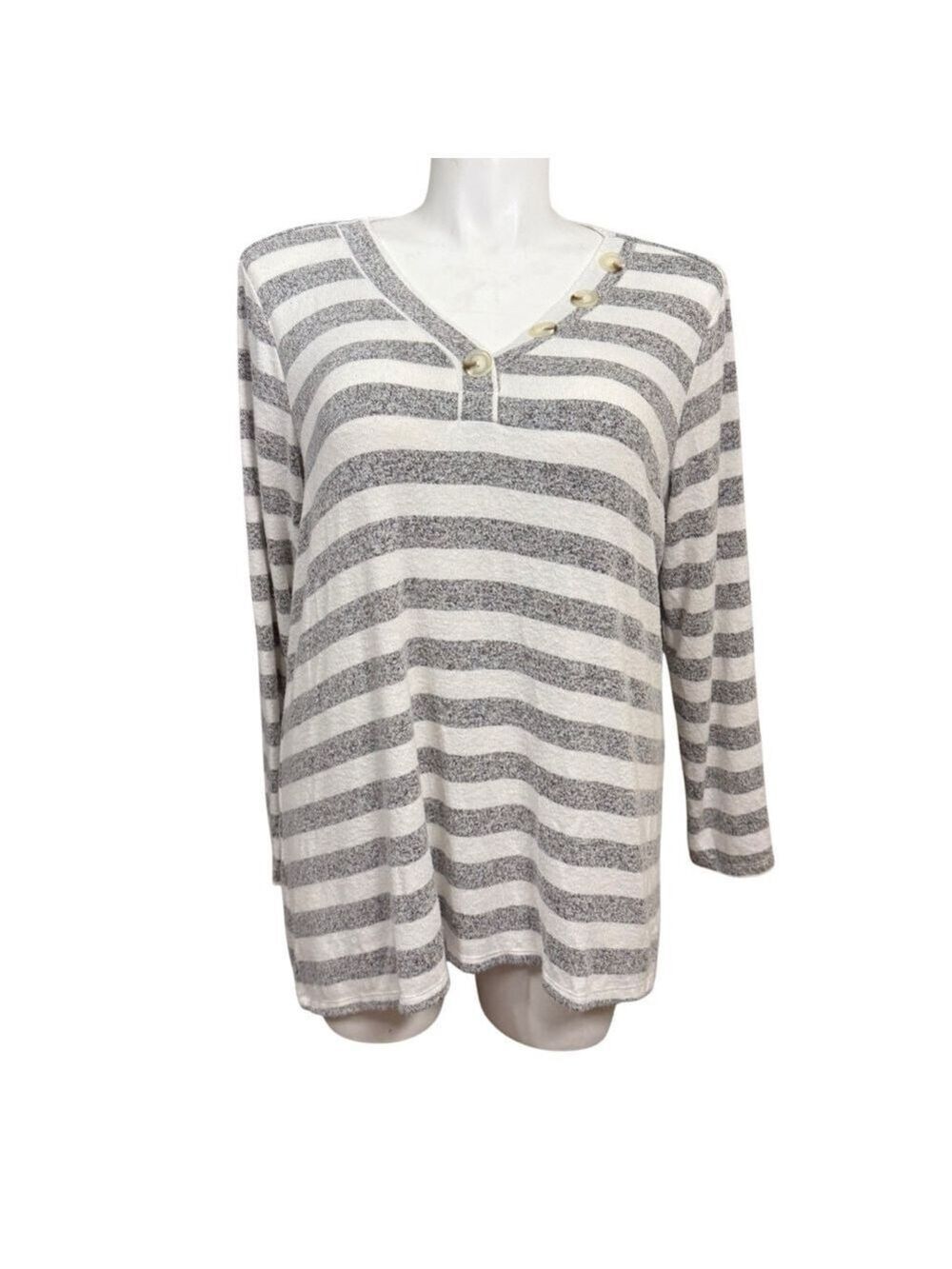 Ali Miles Gray White Striped Button Shoulder Top Size XL